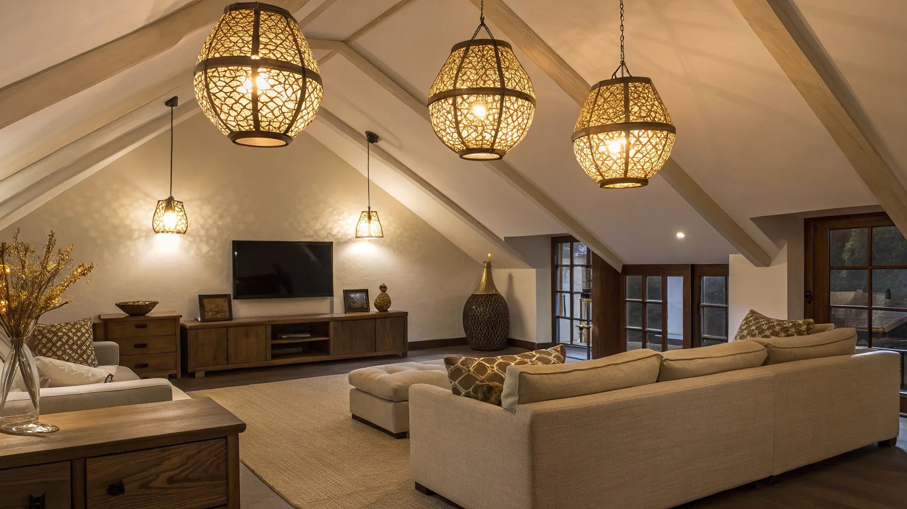 Pendant lights illuminate an inclined ceiling.