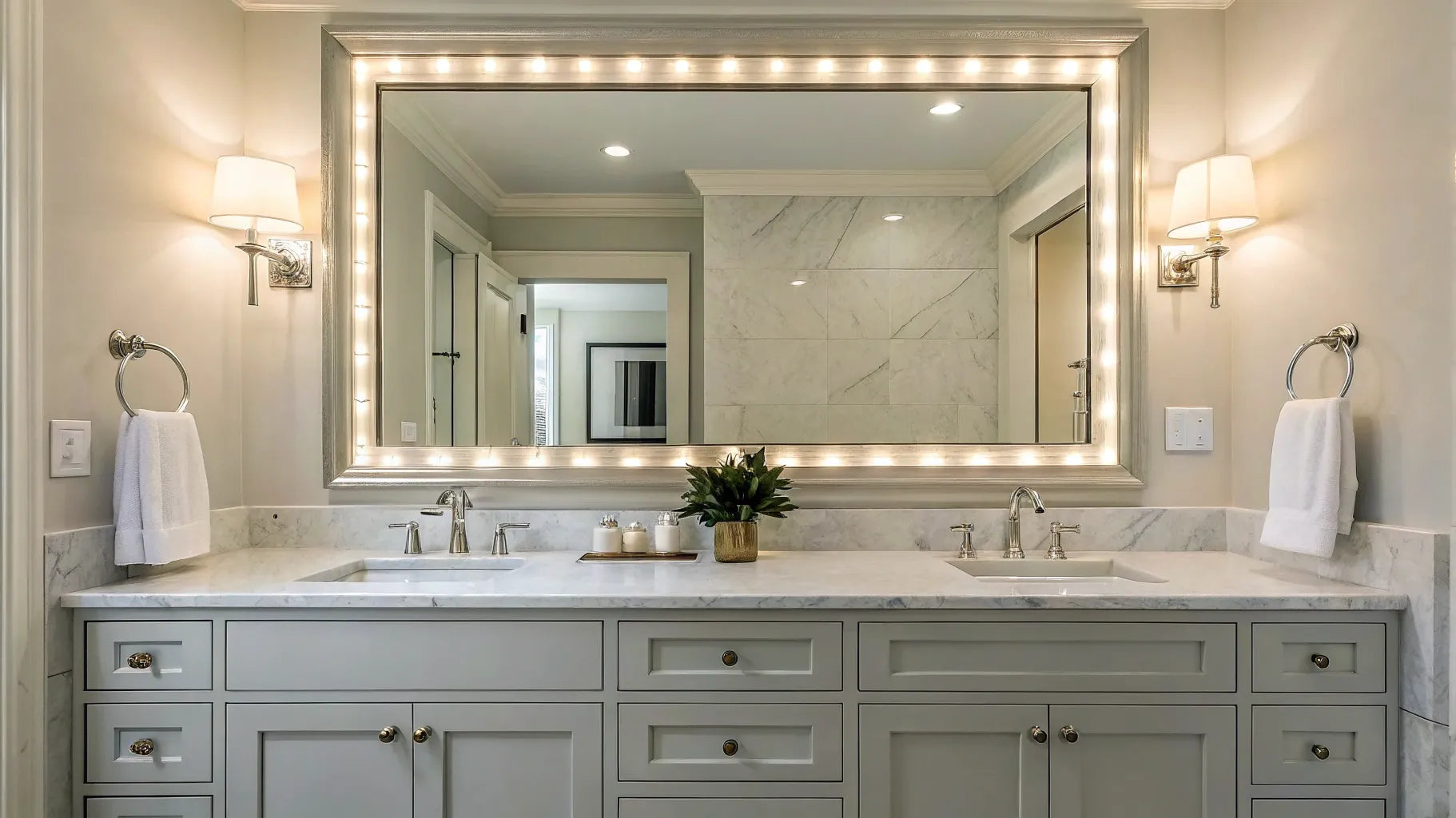 Stylish vanity with sconces and backlit mirror.