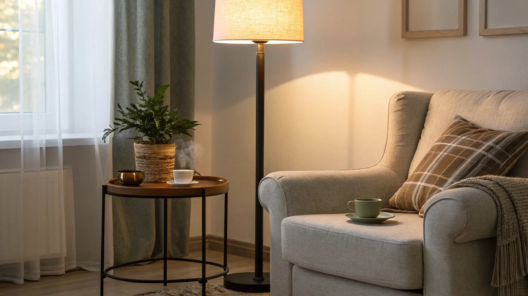 Budget-friendly floor lamp brightens a cozy living room.