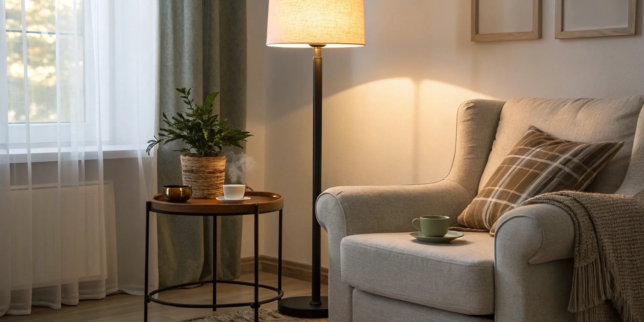 Budget-friendly floor lamp brightens a cozy living room.
