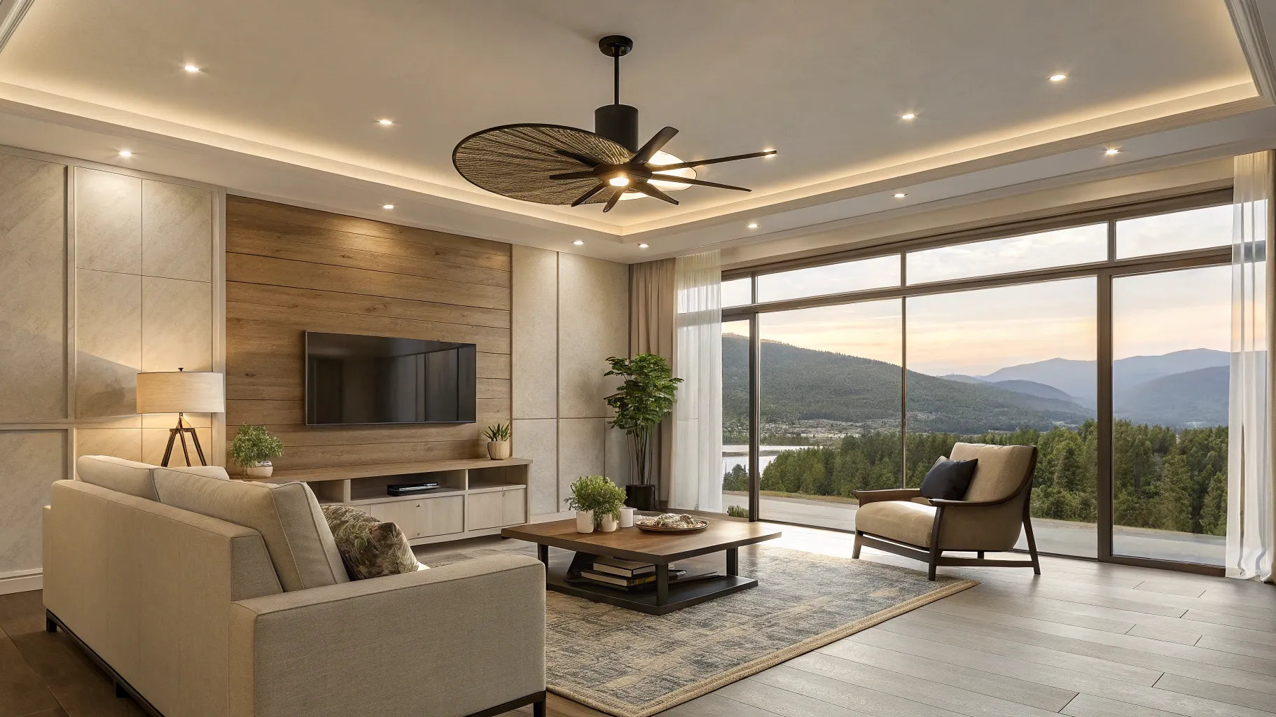 Ceiling hugger fan with integrated lights.