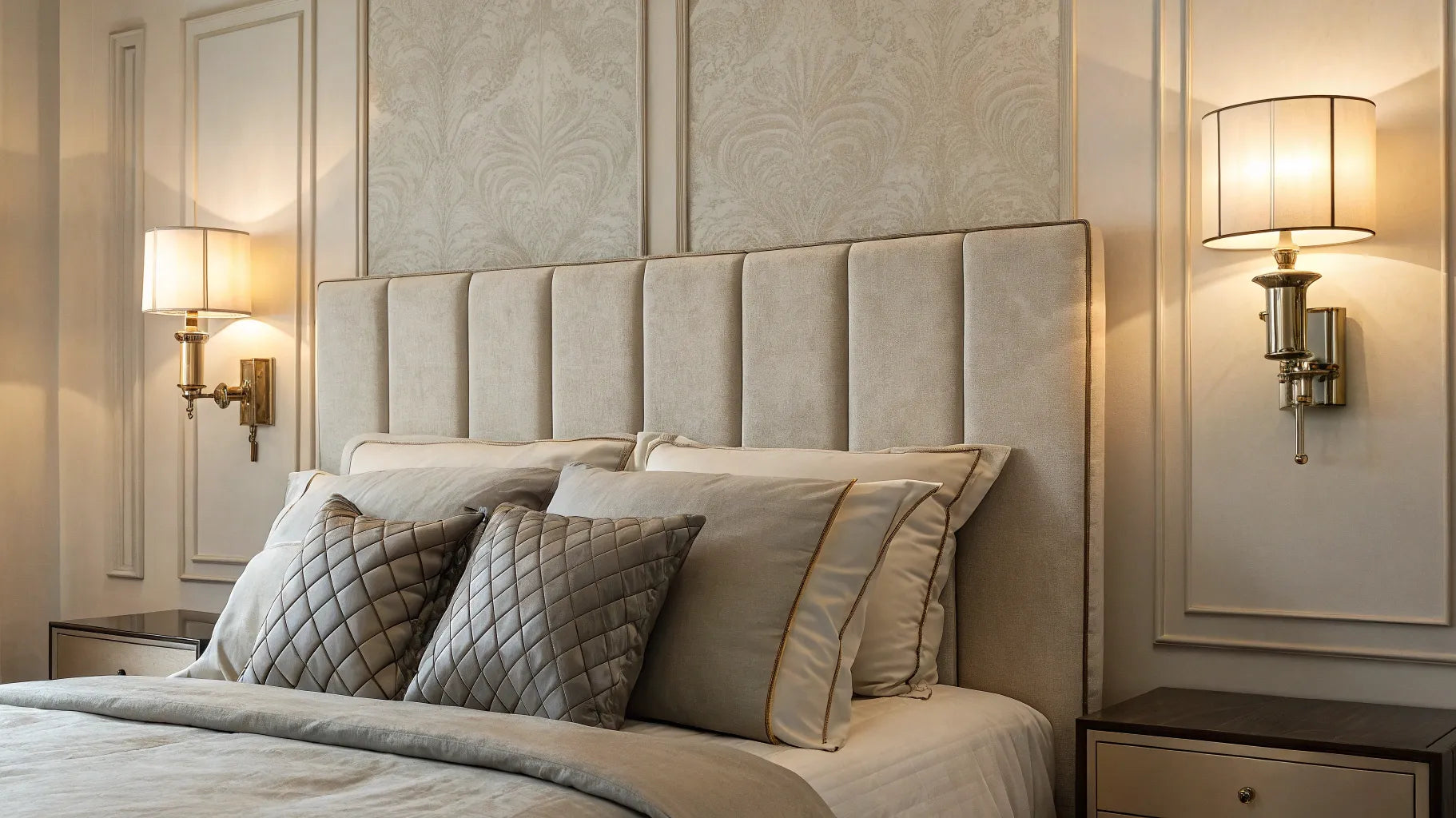 Bedroom wall sconces flanking an upholstered headboard.