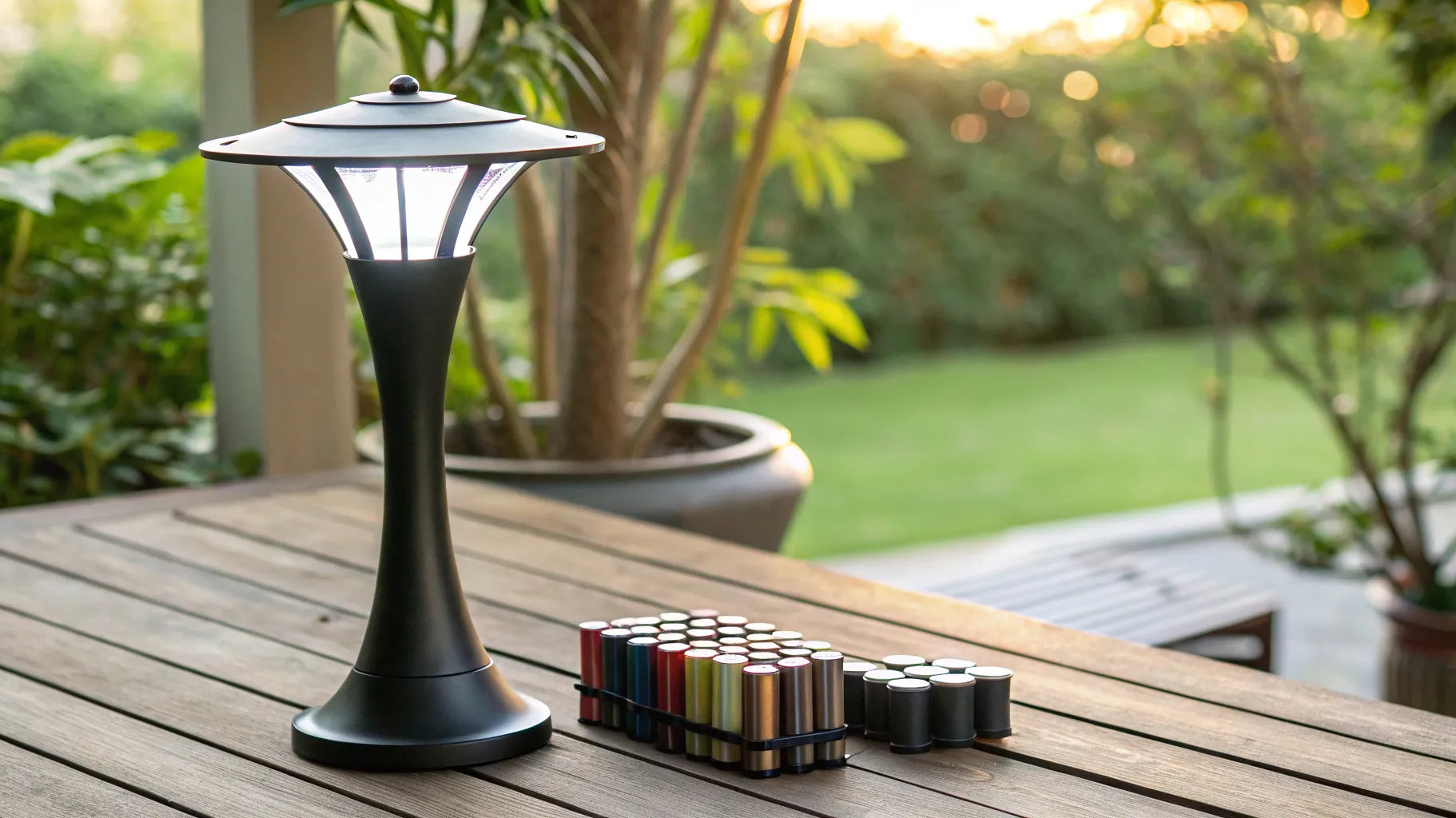 A solar lamp with a variety of compatible rechargeable batteries.