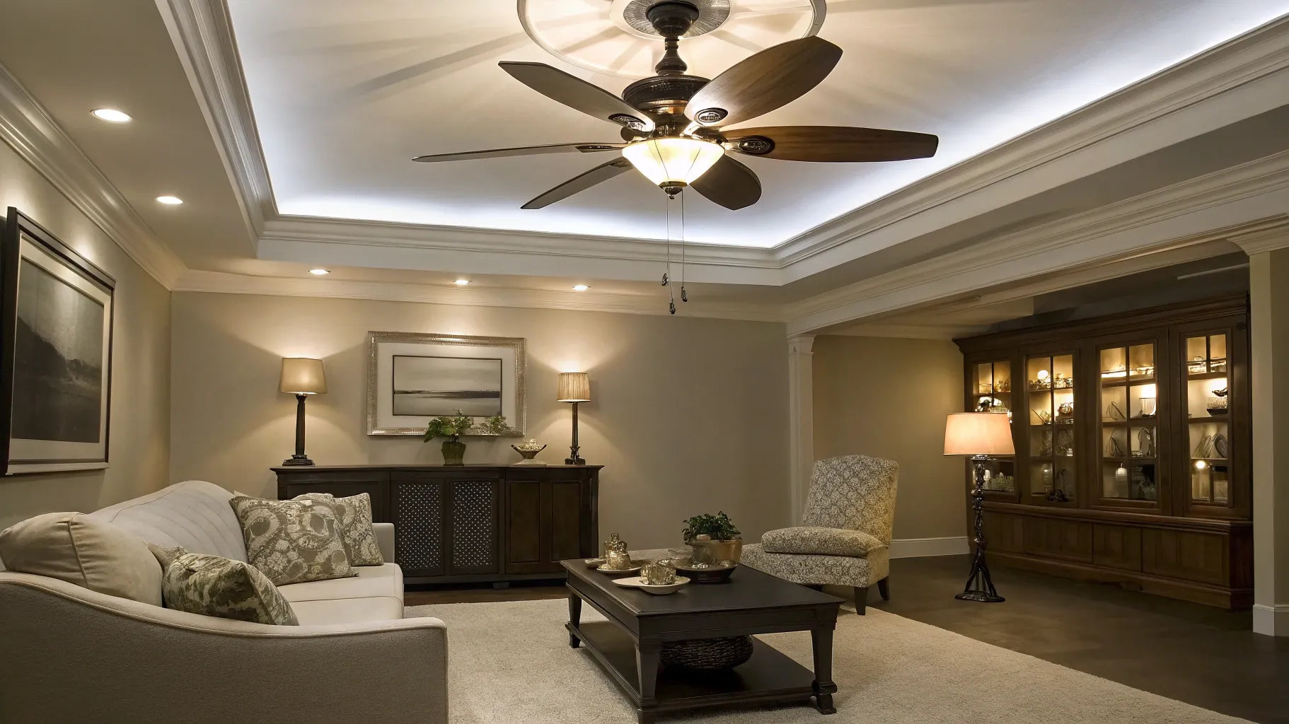Hugger ceiling fan with light for low ceilings.
