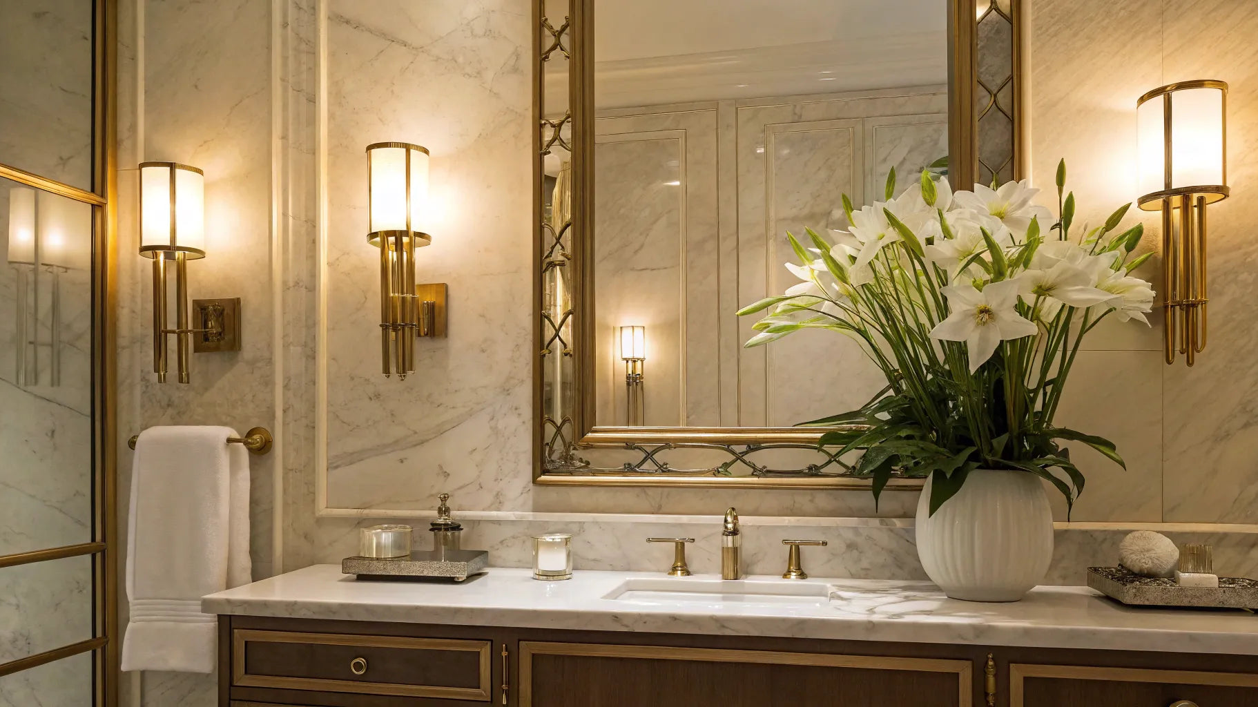 Elegant bath wall lights illuminate a luxurious bathroom.