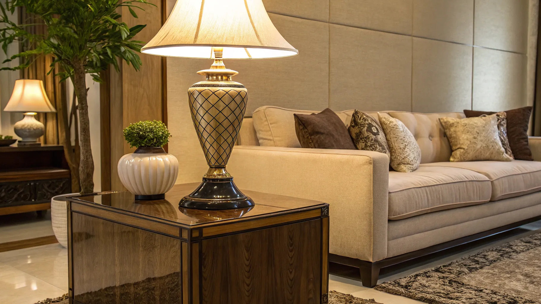 Big table lamp on wooden side table.