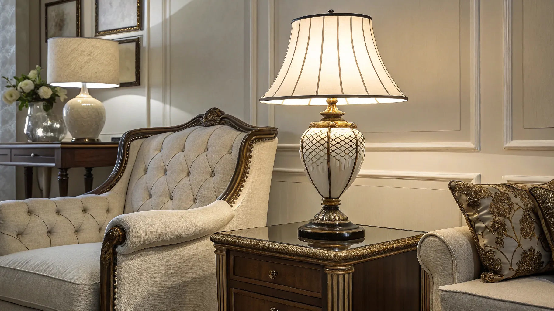 Large table lamp on ornate side table.