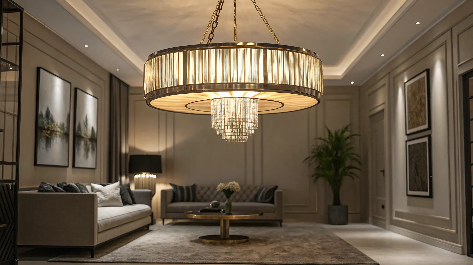 Stylish pendant light fixture illuminating a modern living room.