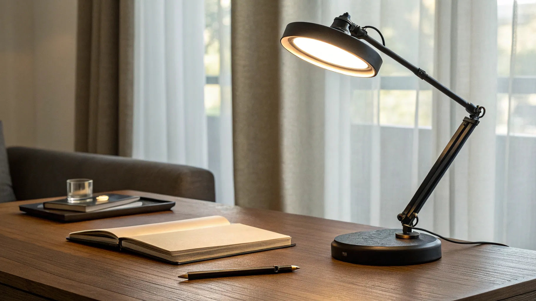 LED table lamp illuminating a workspace.