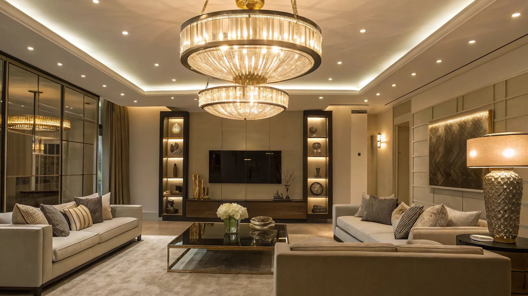 Contemporary ceiling lights illuminate a modern living room.