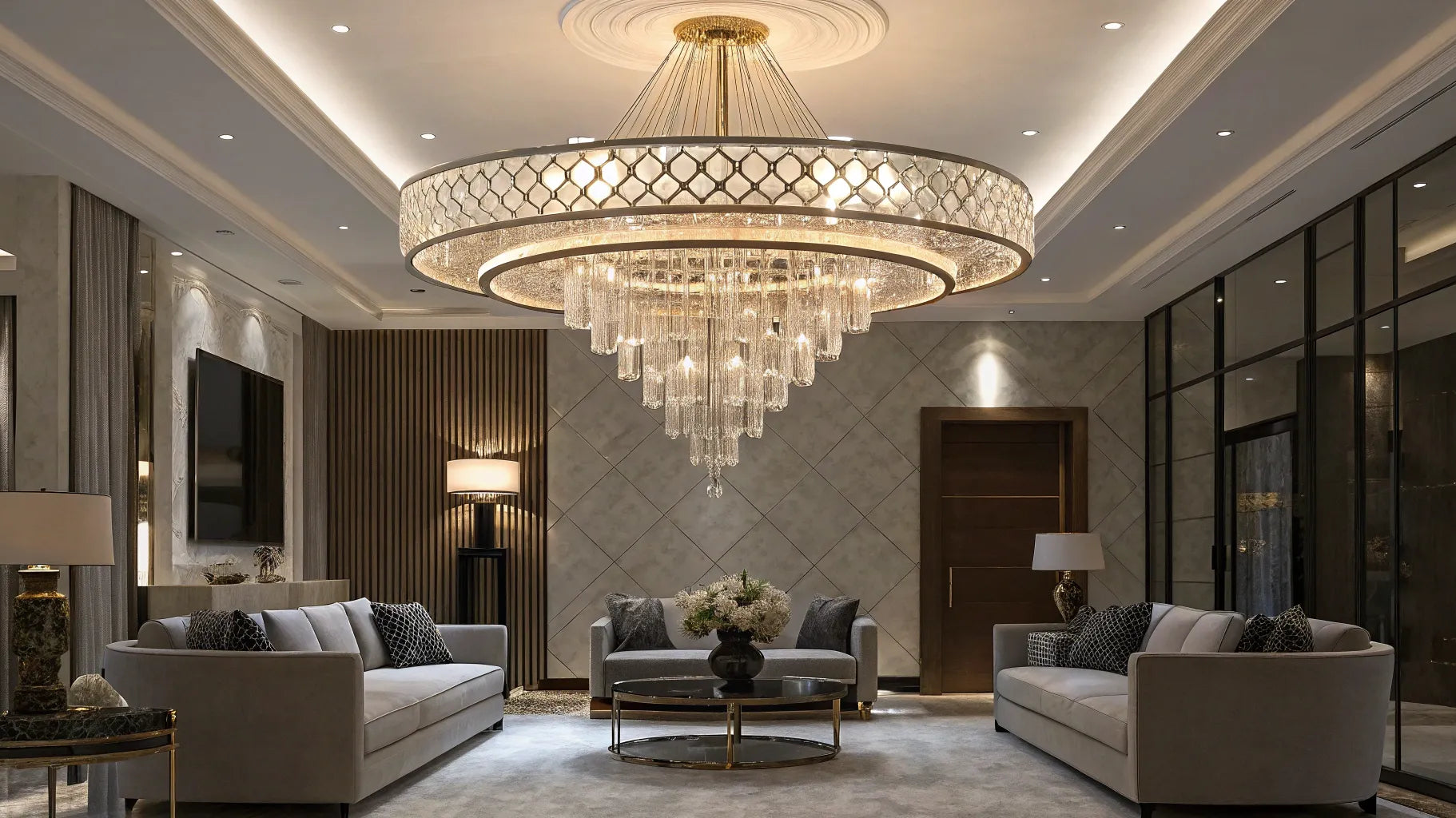 Contemporary chandelier with crystal accents.