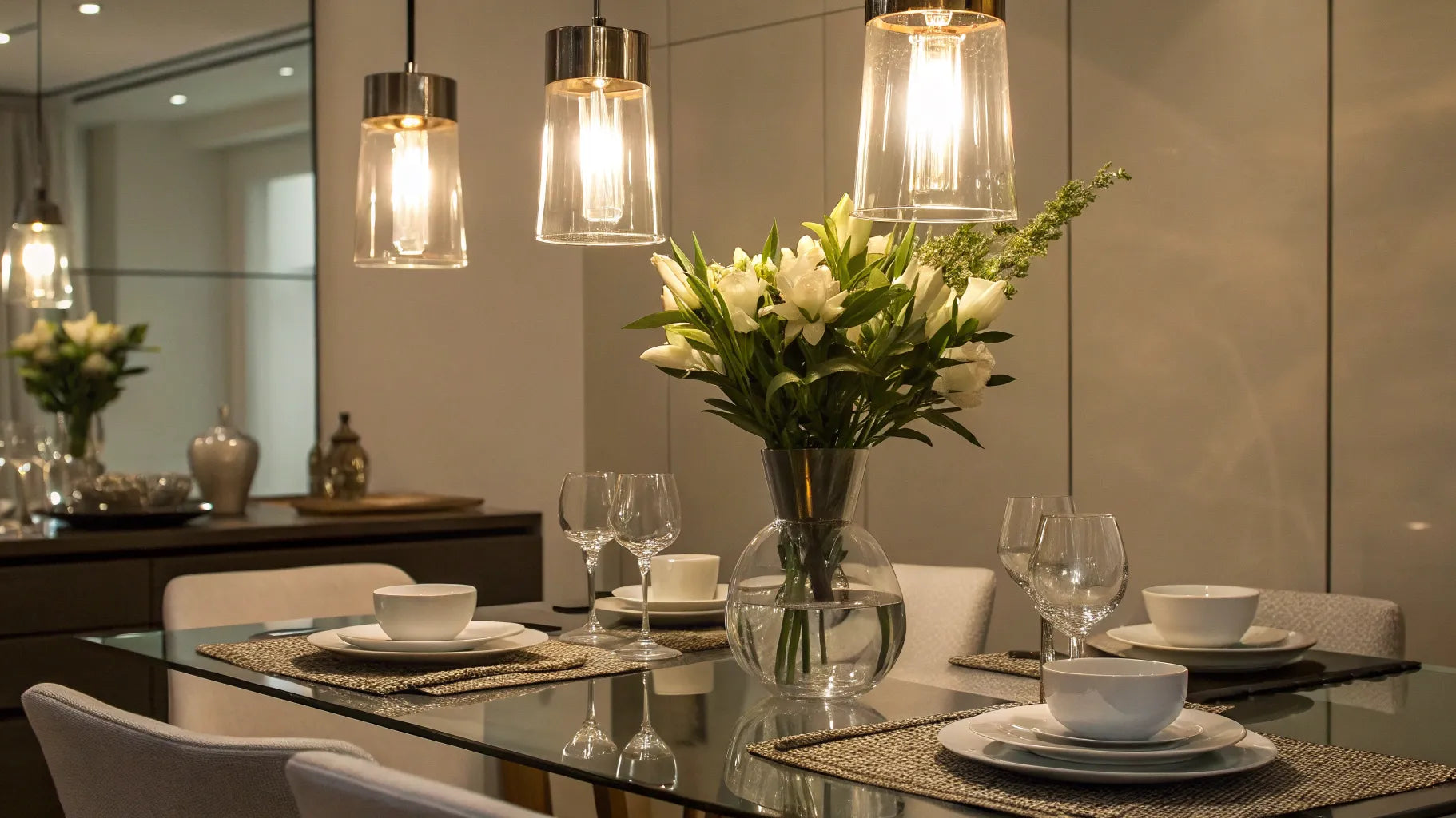 Contemporary mini pendant lights above a dining table.