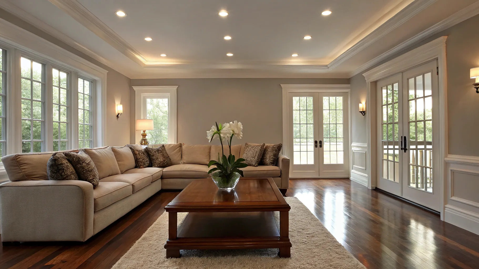 Recessed lighting illuminates a living room.
