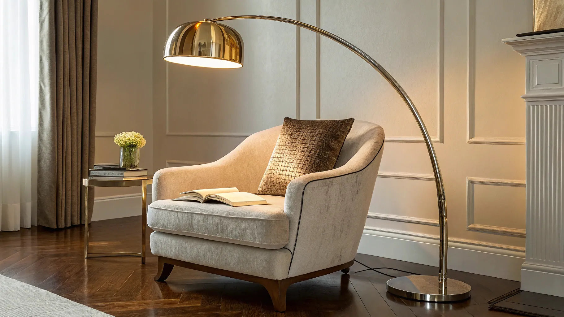 Stylish curved floor lamp illuminating a reading nook.
