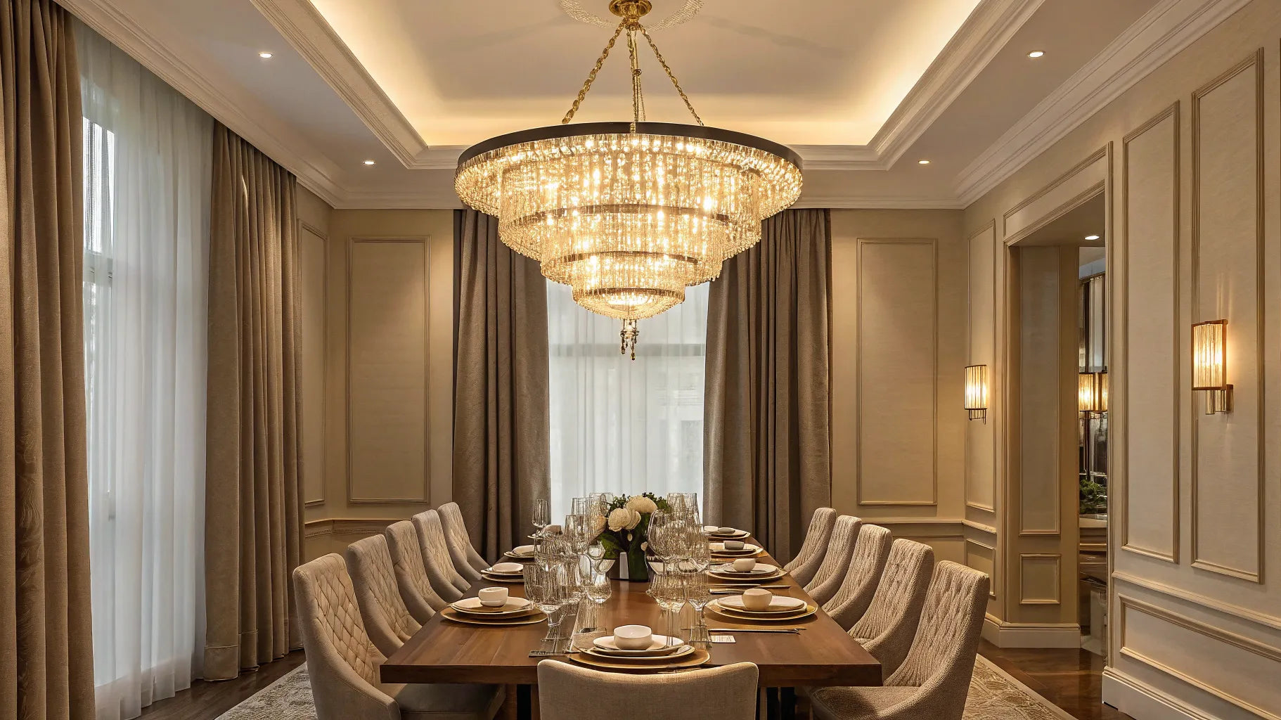 Crystal chandelier above a dining room table.