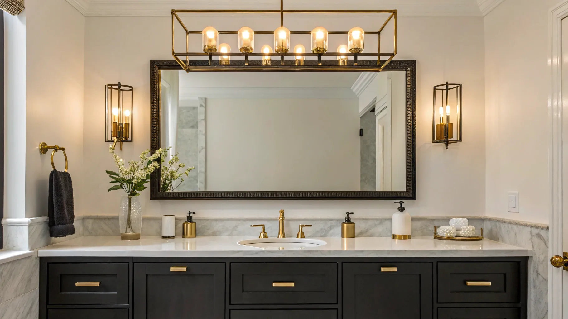 Black and gold vanity light fixture.