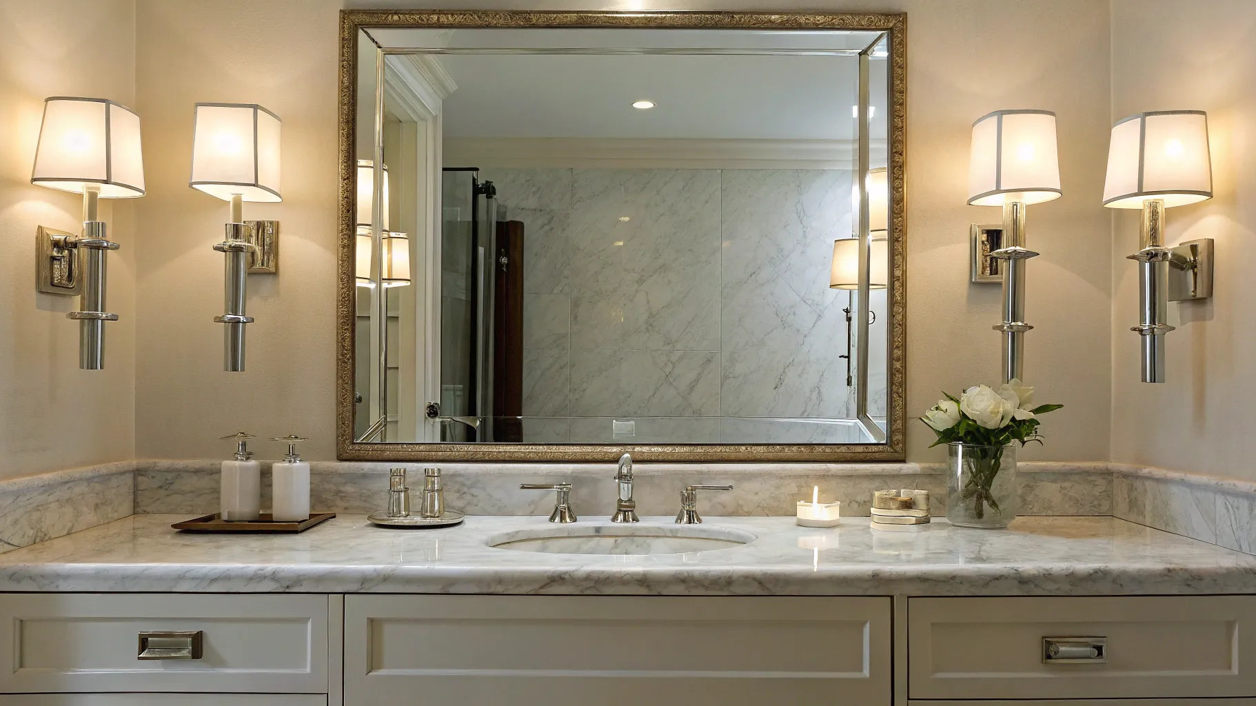 Lighted vanity mirror with bright bulbs.