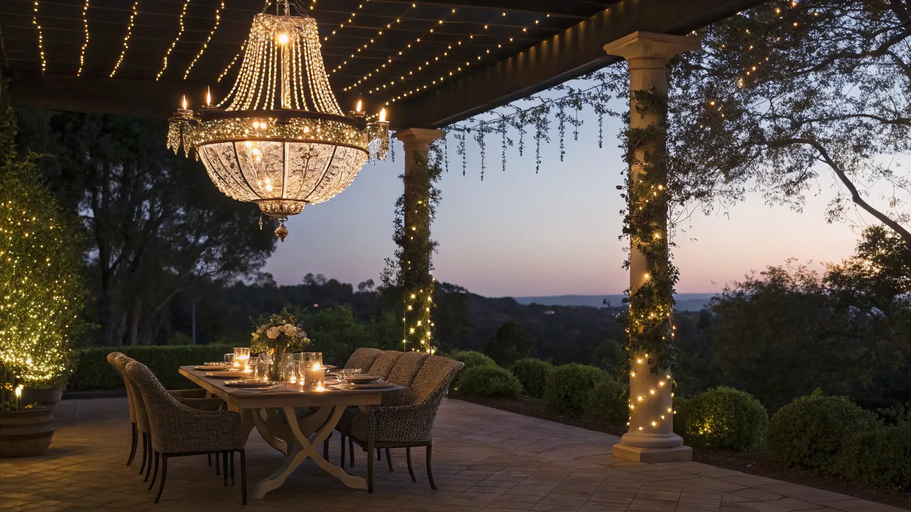Outdoor chandelier hanging over a patio table.