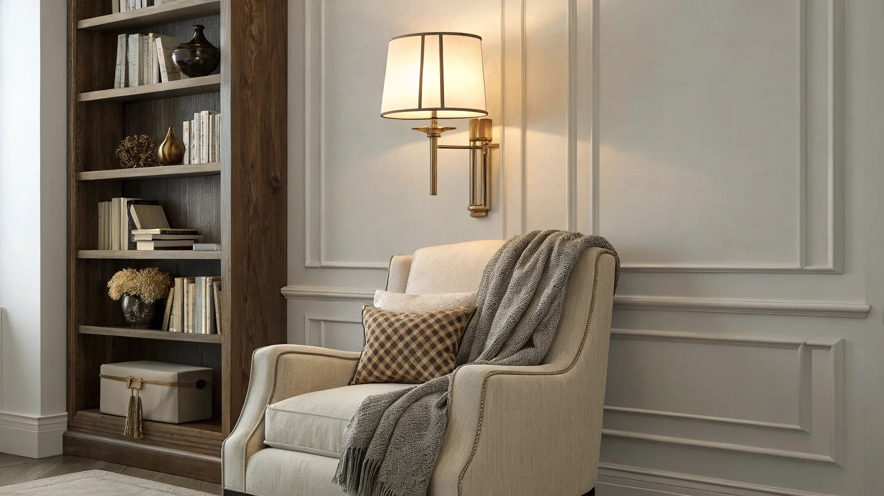 IKEA wall sconce illuminates a cozy reading nook.
