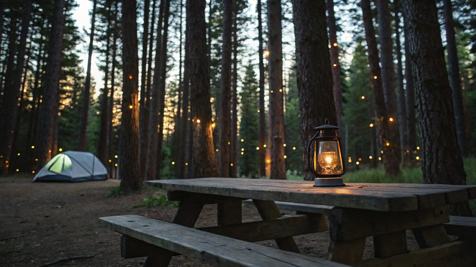 Camping lantern glowing on picnic table at campsite.