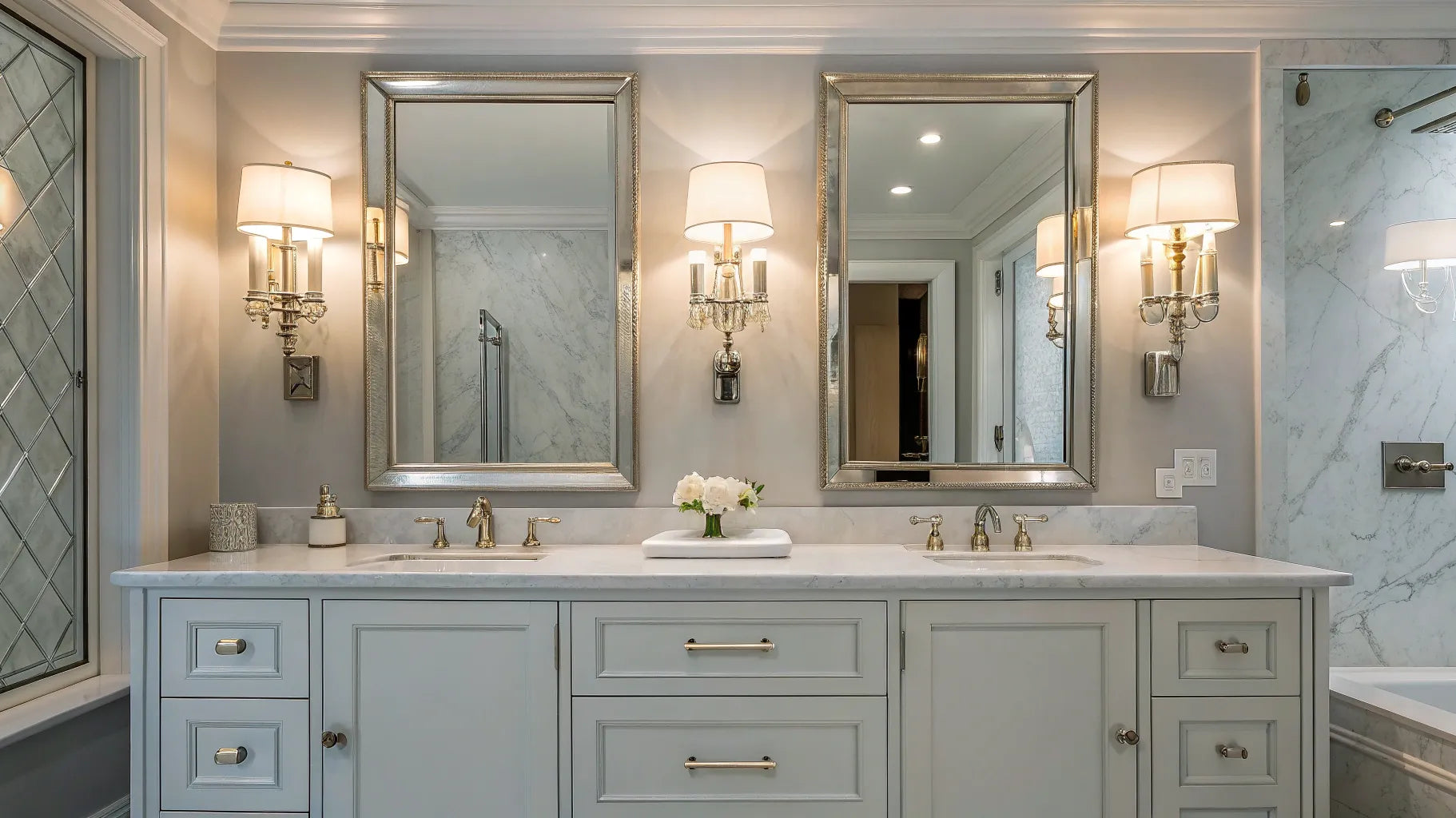 Modern bath vanity light fixture with a marble countertop.