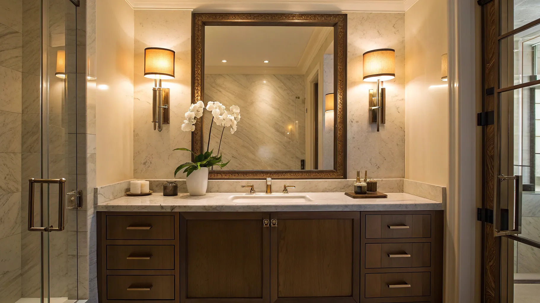 Bathroom vanity with bright sconce lighting.