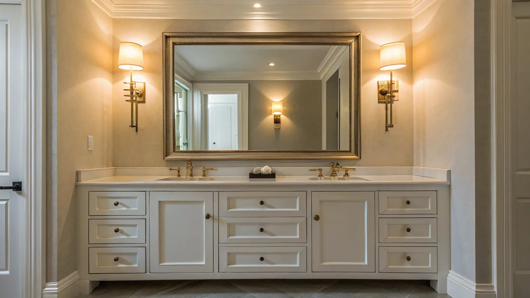 Bathroom wall lights brighten a large mirror.