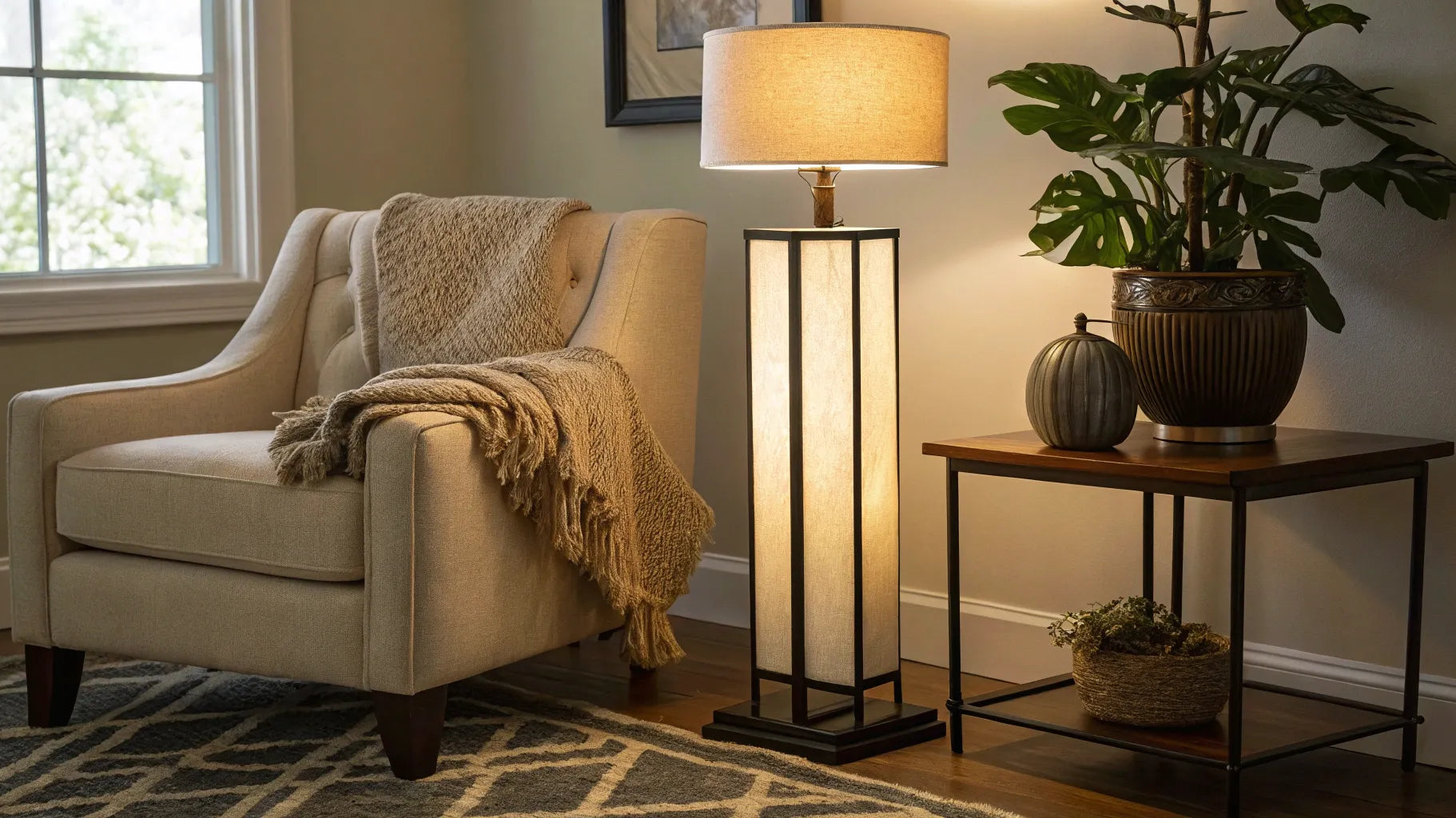 A battery-powered floor lamp provides cordless light in a modern living room beside an armchair.