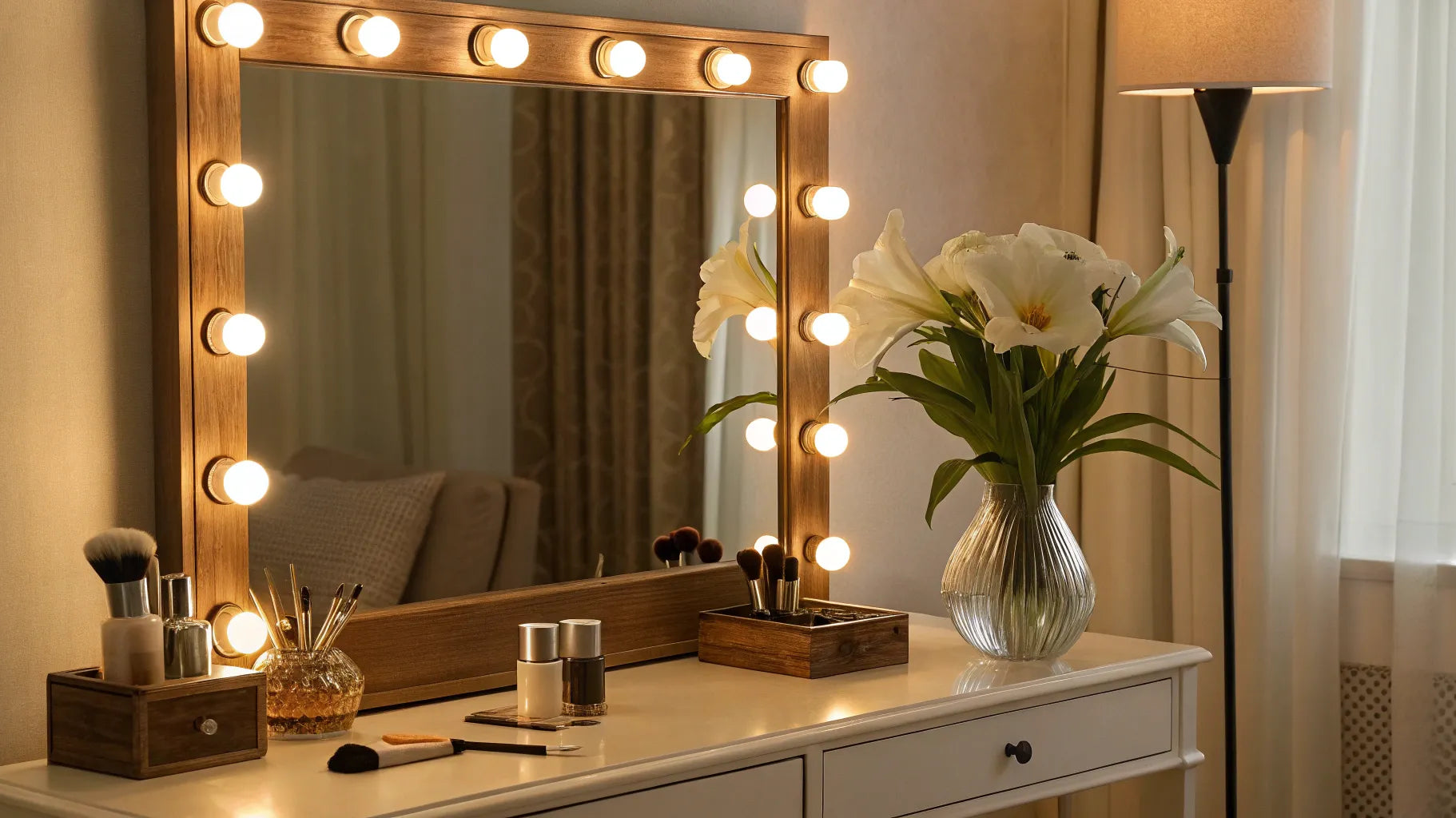 Lighted makeup vanity with mirror and brushes.