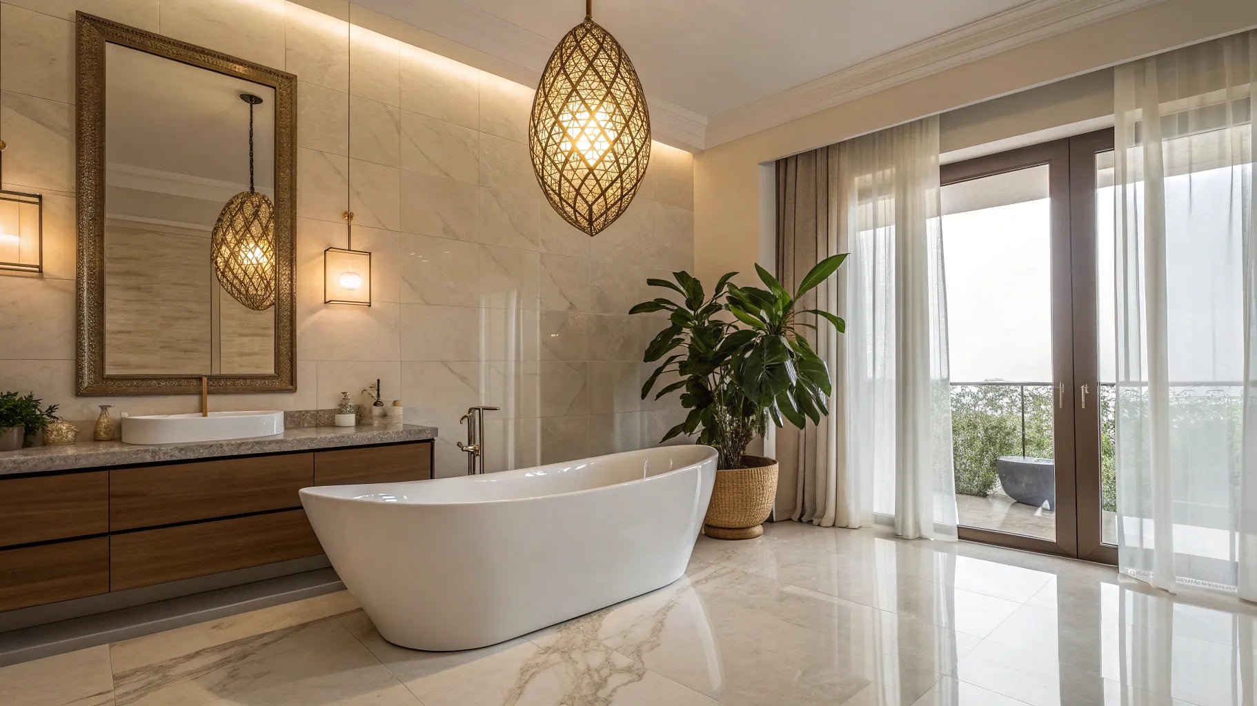 Stylish bathroom pendant light above a freestanding tub.