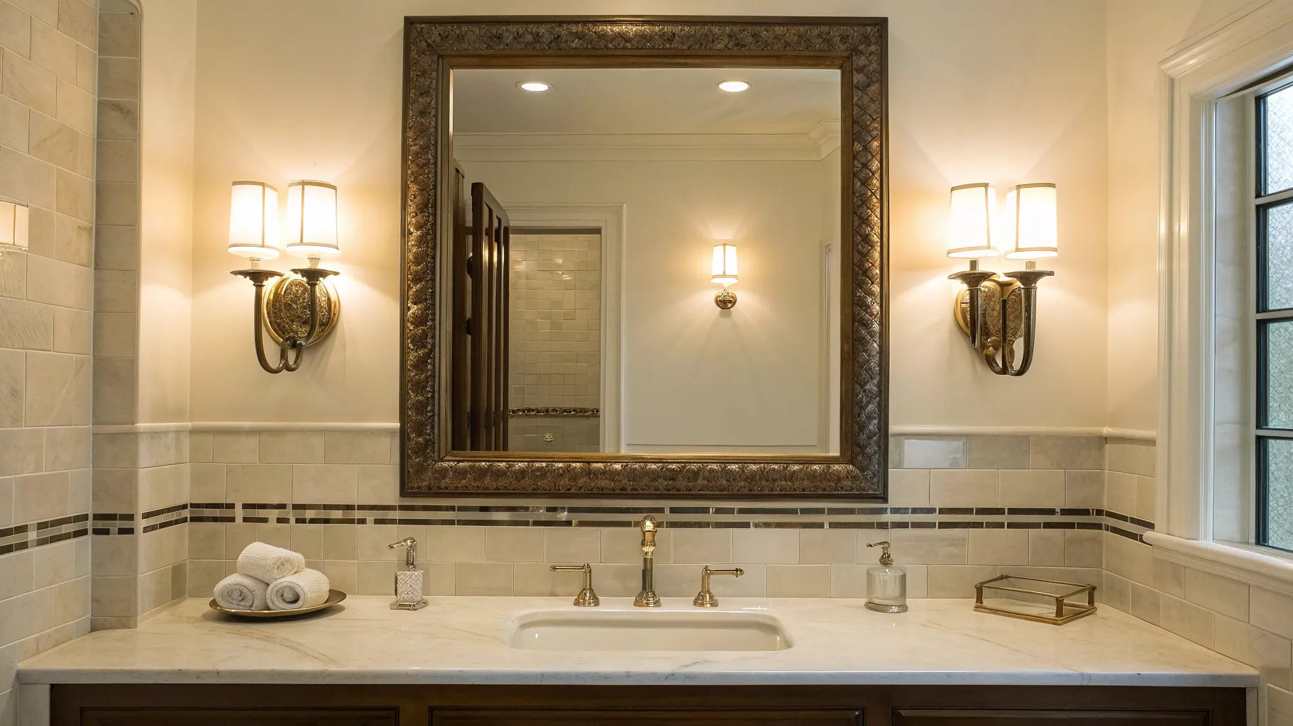 Bathroom wall light sconces add elegant lighting.