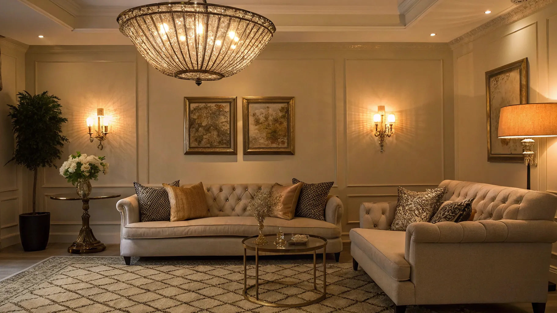 Layered lighting in a living room with a chandelier, wall sconces, and lamps.
