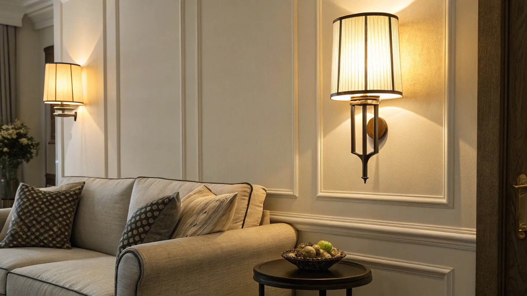 Modern battery operated wall sconces used as accent lighting above a living room sofa.