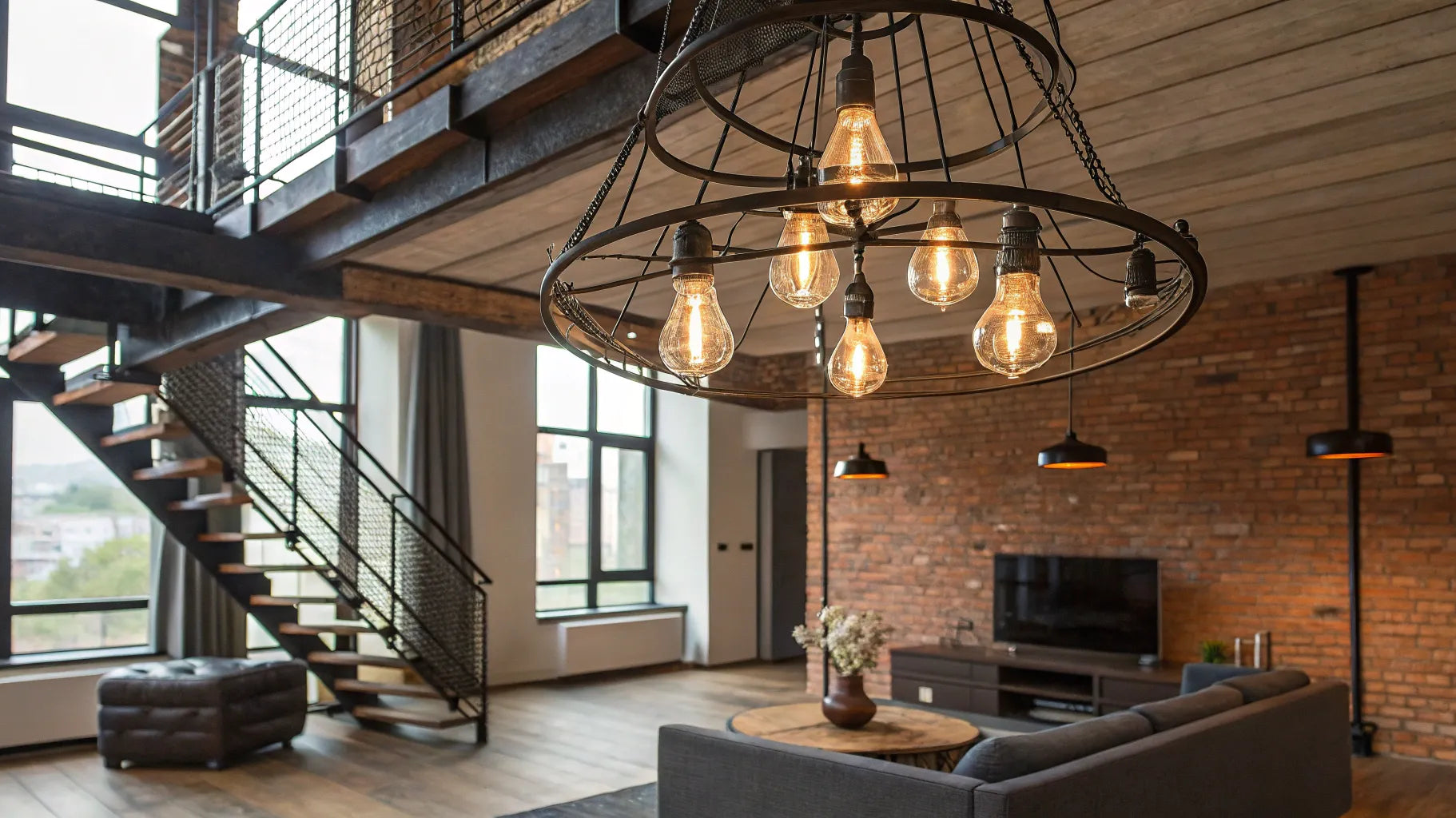 Industrial loft lighting: exposed bulb chandelier.