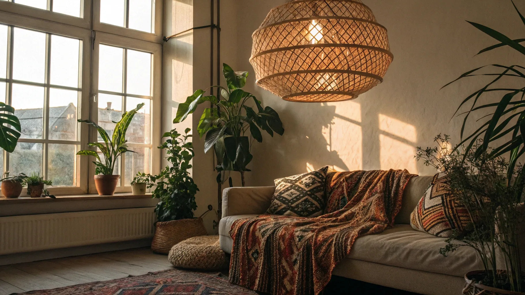 Boho pendant light fixture in a living room.