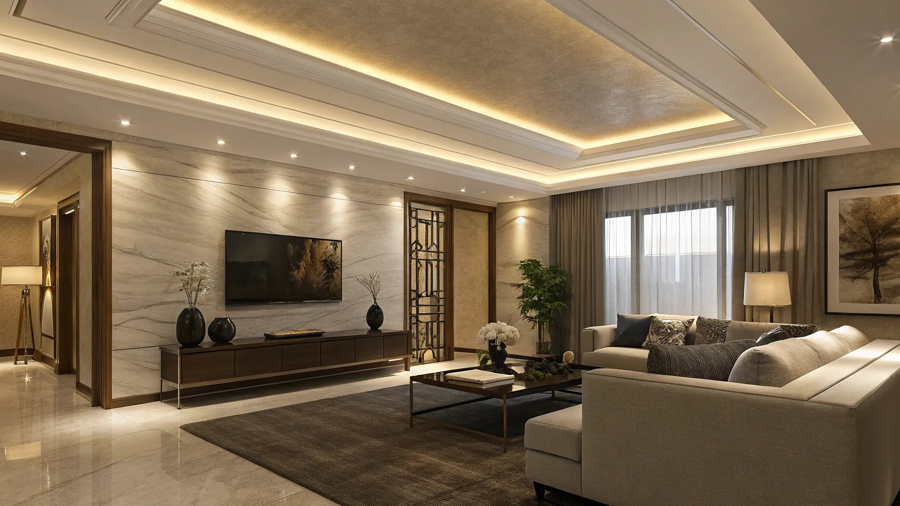 Recessed lighting fixtures brighten a drop ceiling.