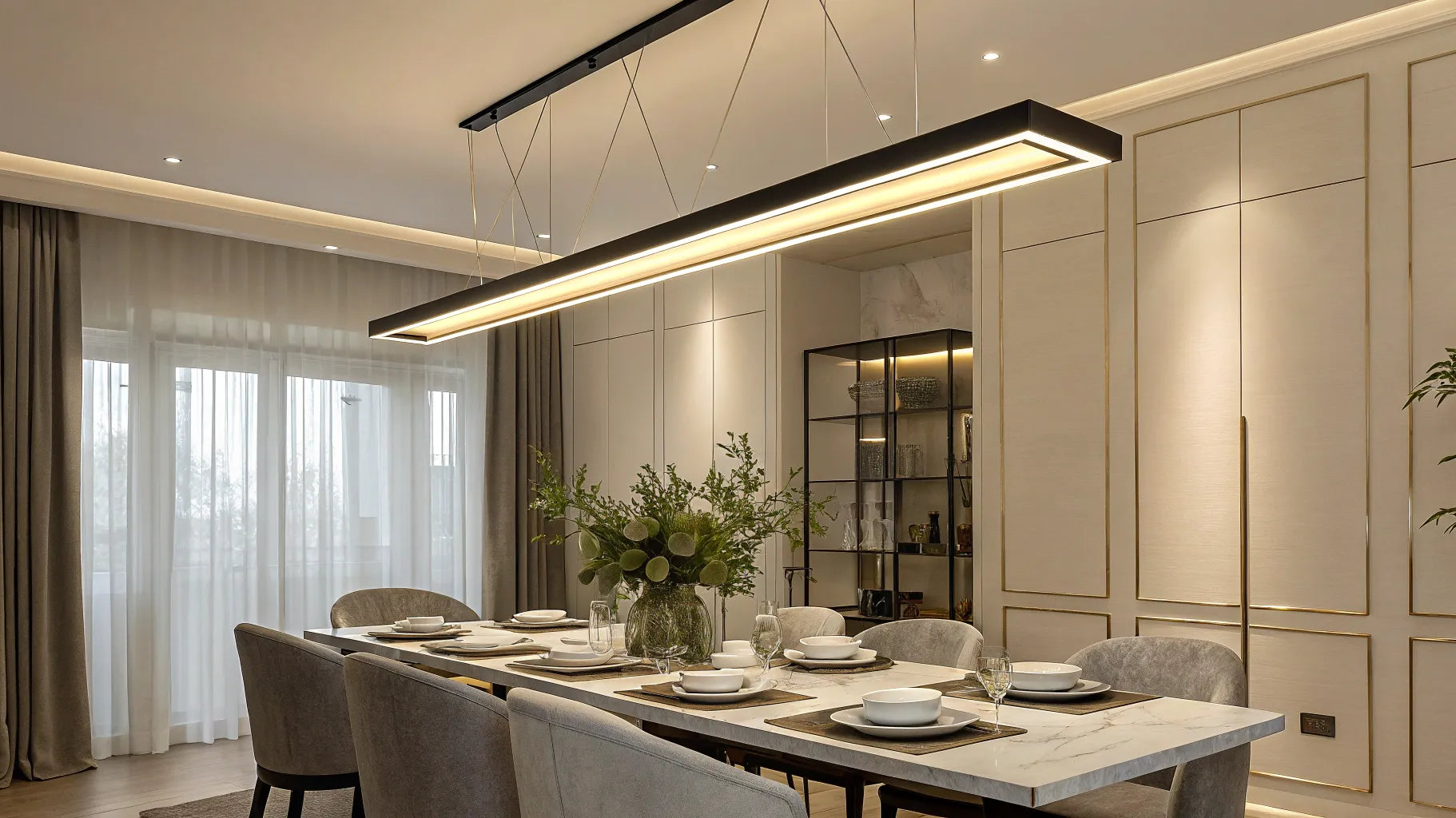 LED linear suspension lights illuminate a modern dining area.