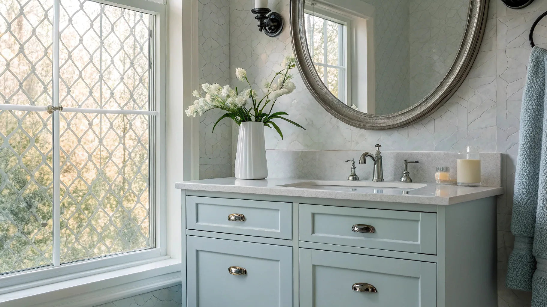 Light blue bathroom vanity with silver hardware and white countertop.