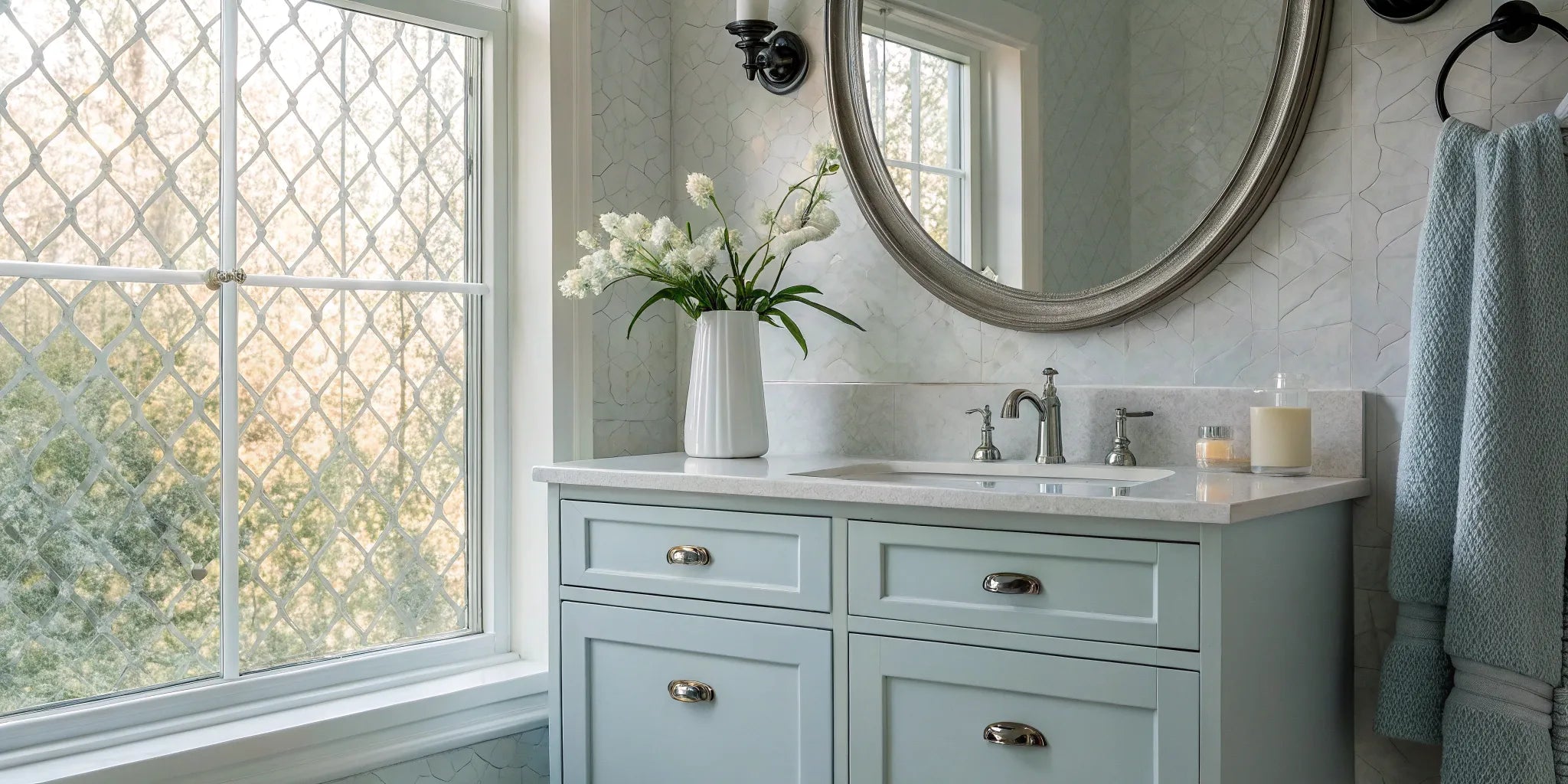 Light blue bathroom vanity with silver hardware and white countertop.