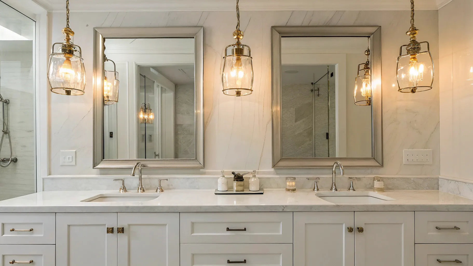 Mini pendant lights illuminate a modern bathroom vanity.