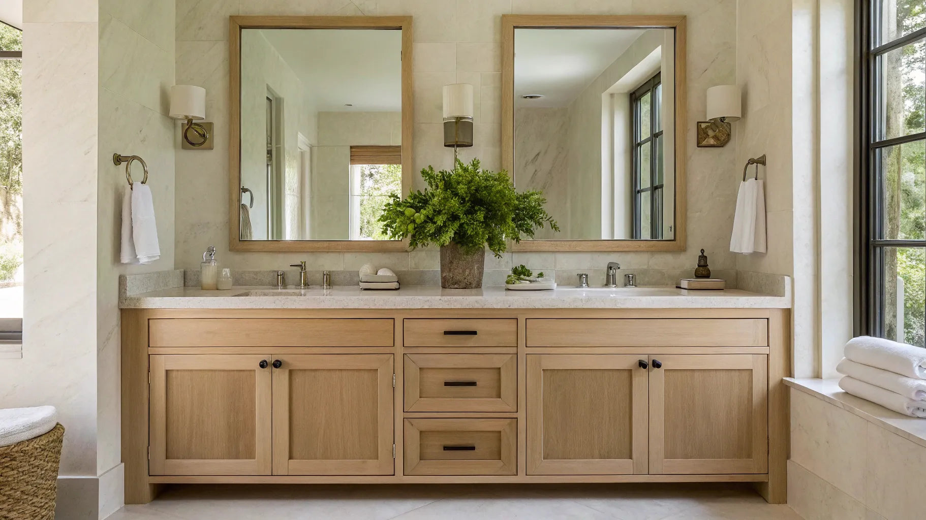 Light wood double sink vanity in a bright bathroom.