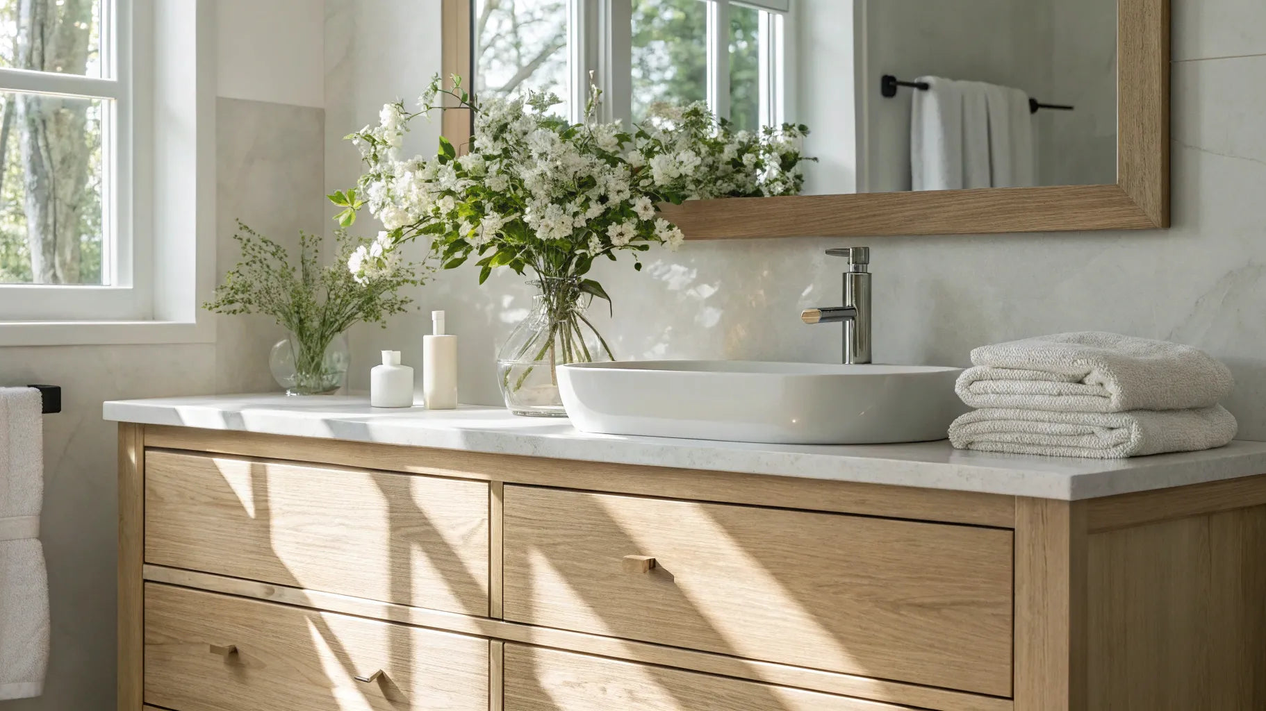 Bright, light wood bathroom vanity with vessel sink and white countertop.
