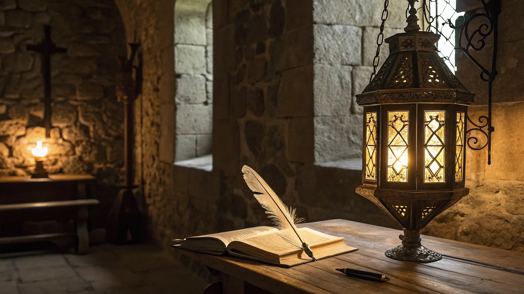 Wrought iron medieval lantern glowing on a wooden table.