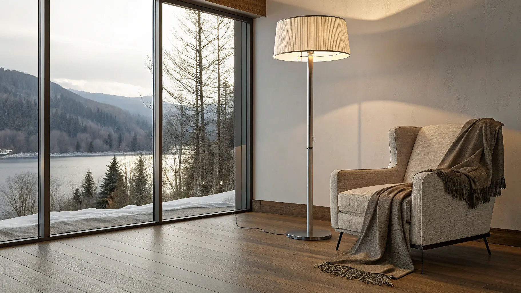 Minimal floor lamp in a modern living room.