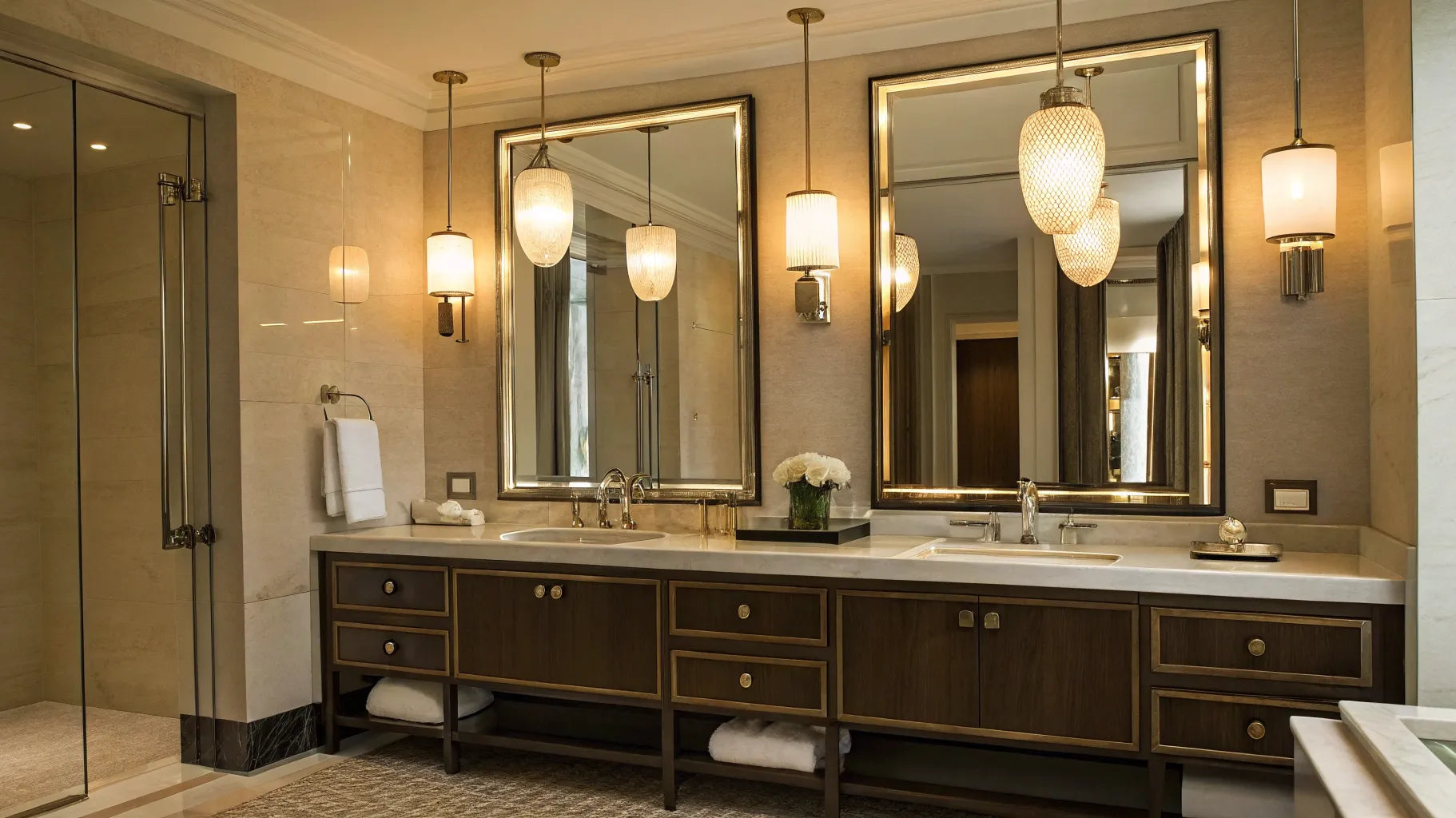 Modern bathroom vanity with sleek lighting.