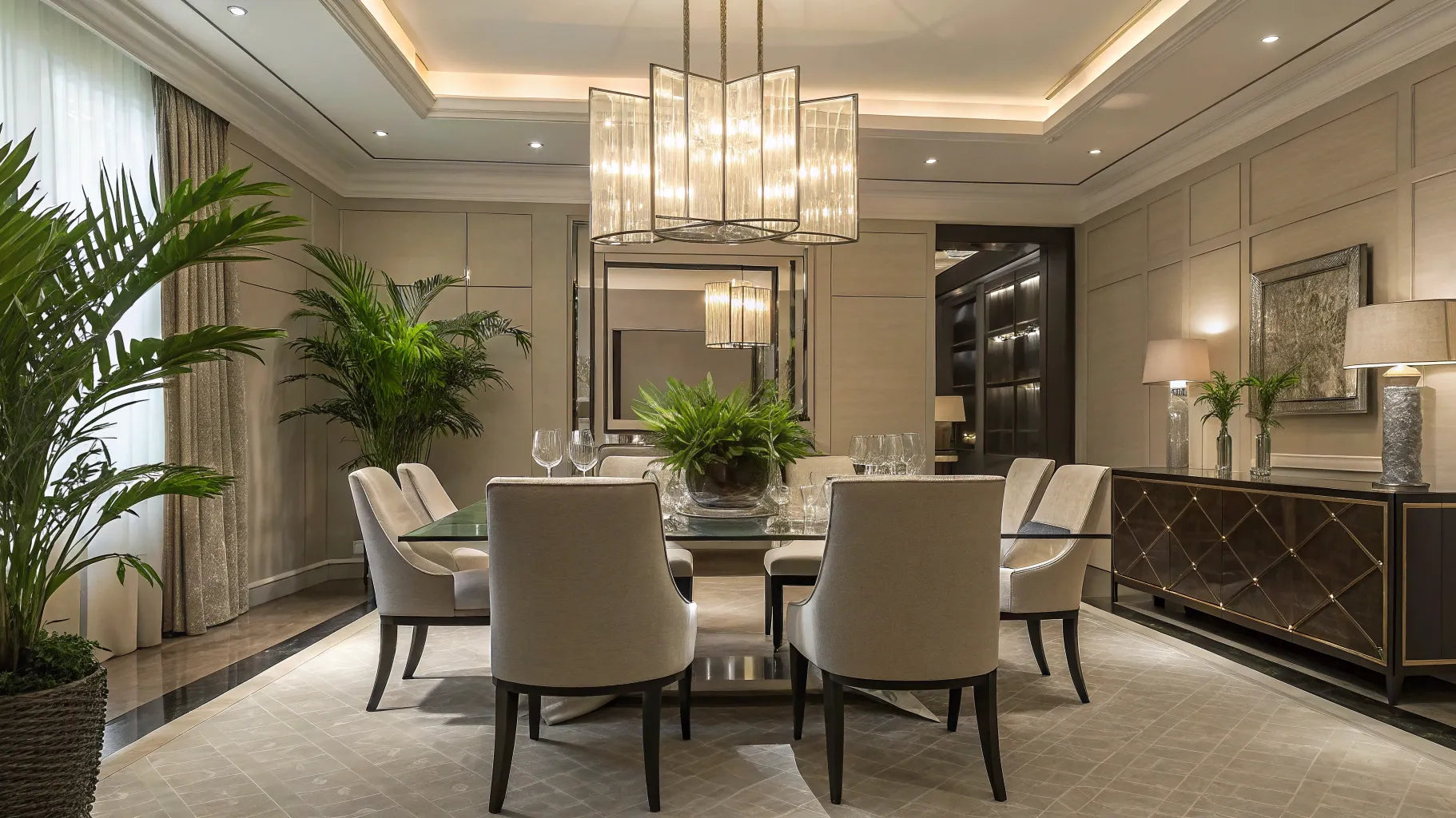 Modern dining room light fixture above a table.