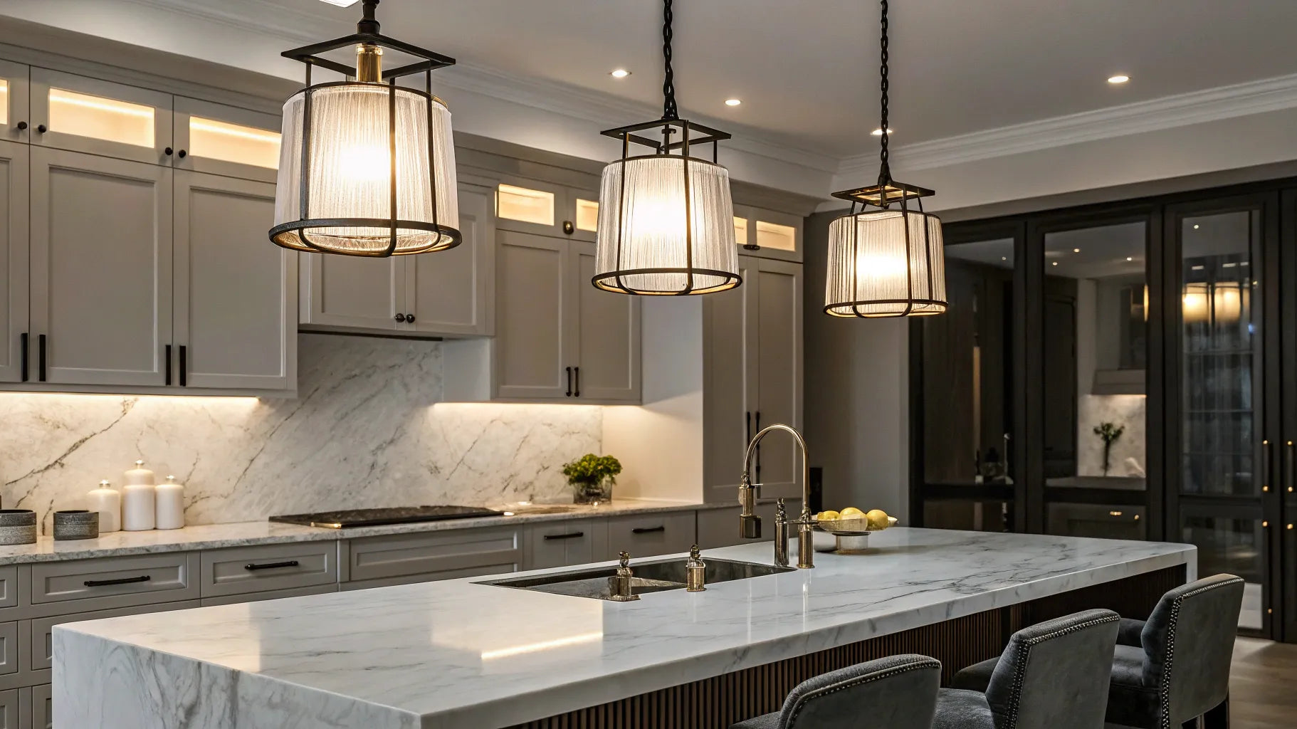 Modern kitchen lighting over a marble island.