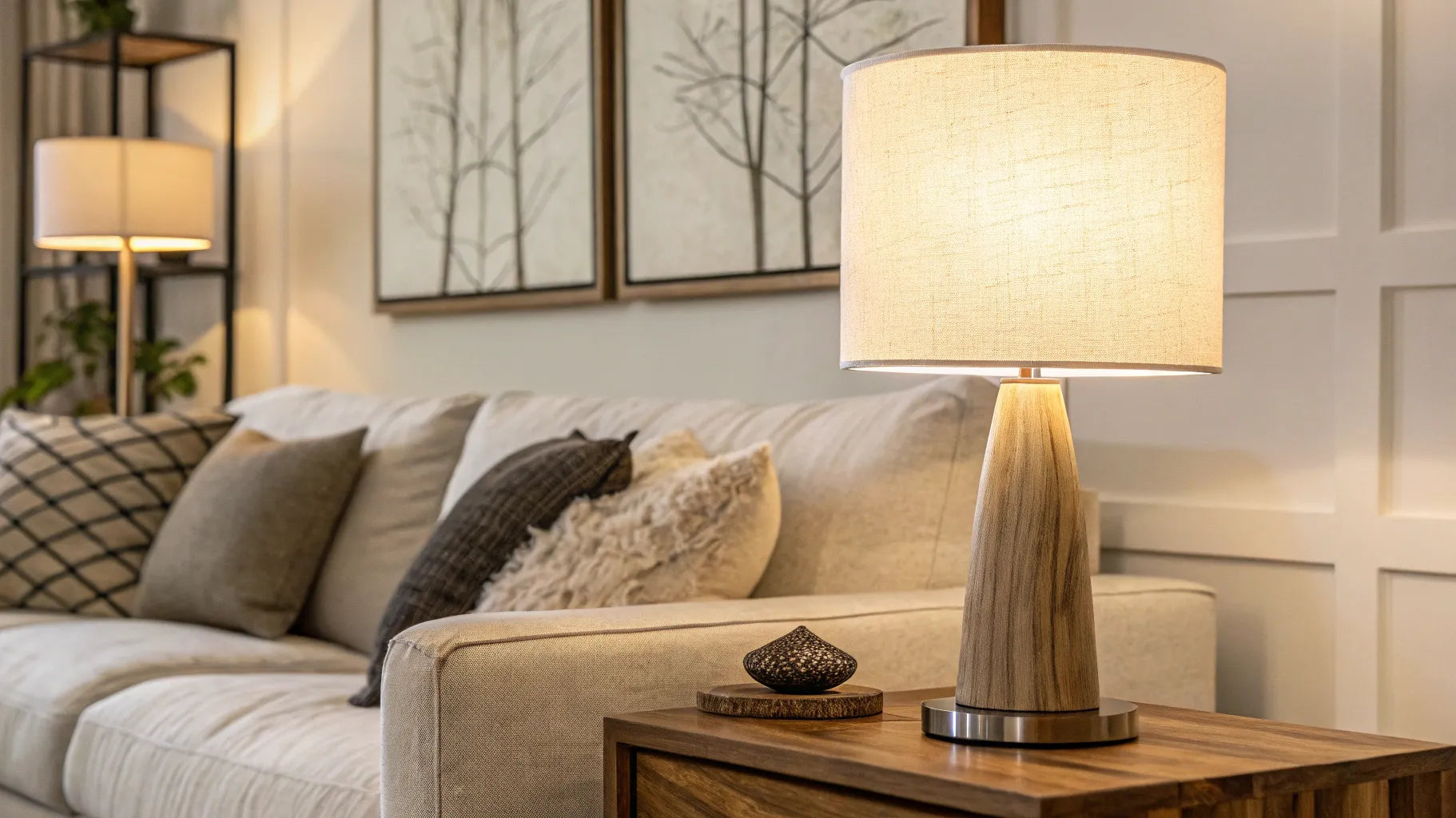 Stylish modern table lamp on a wooden side table.
