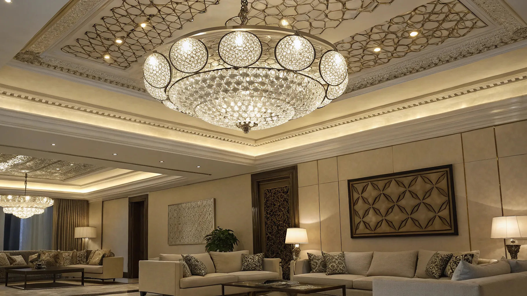Multi-light pendant chandelier illuminating a room.