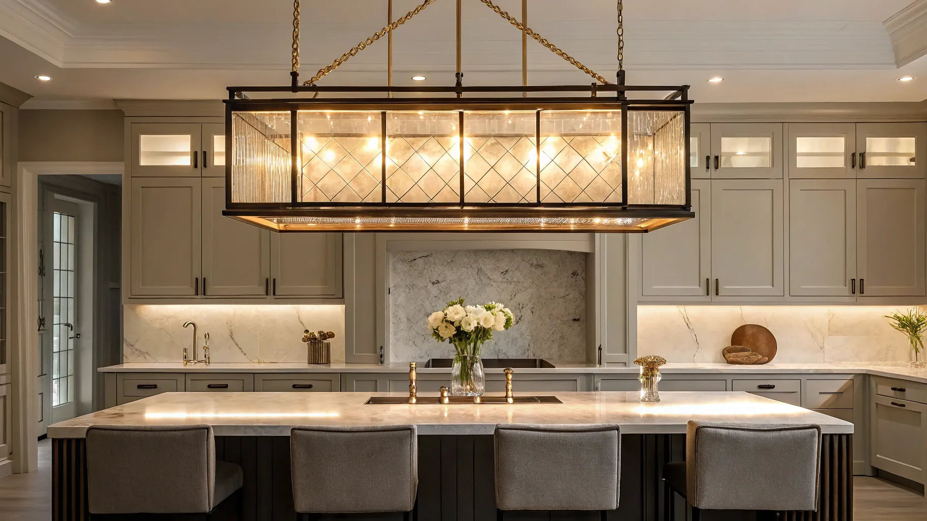 Multi-light pendant over kitchen island.